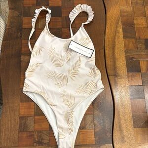 Goodnight Macaroon Cream and Gold Leaf One Piece Swimsuit size small NWT